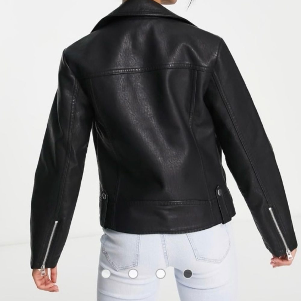 Topshop BLACK Faux Leather Biker Moto Classic Minimalist Jacket Size 4 - Picture 3 of 13